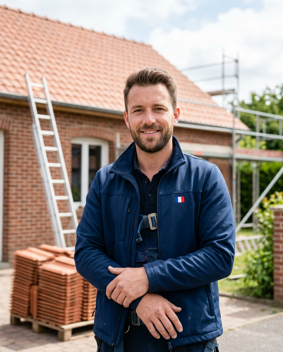 Artisan couvreur devant une maison en briques, bras croisés