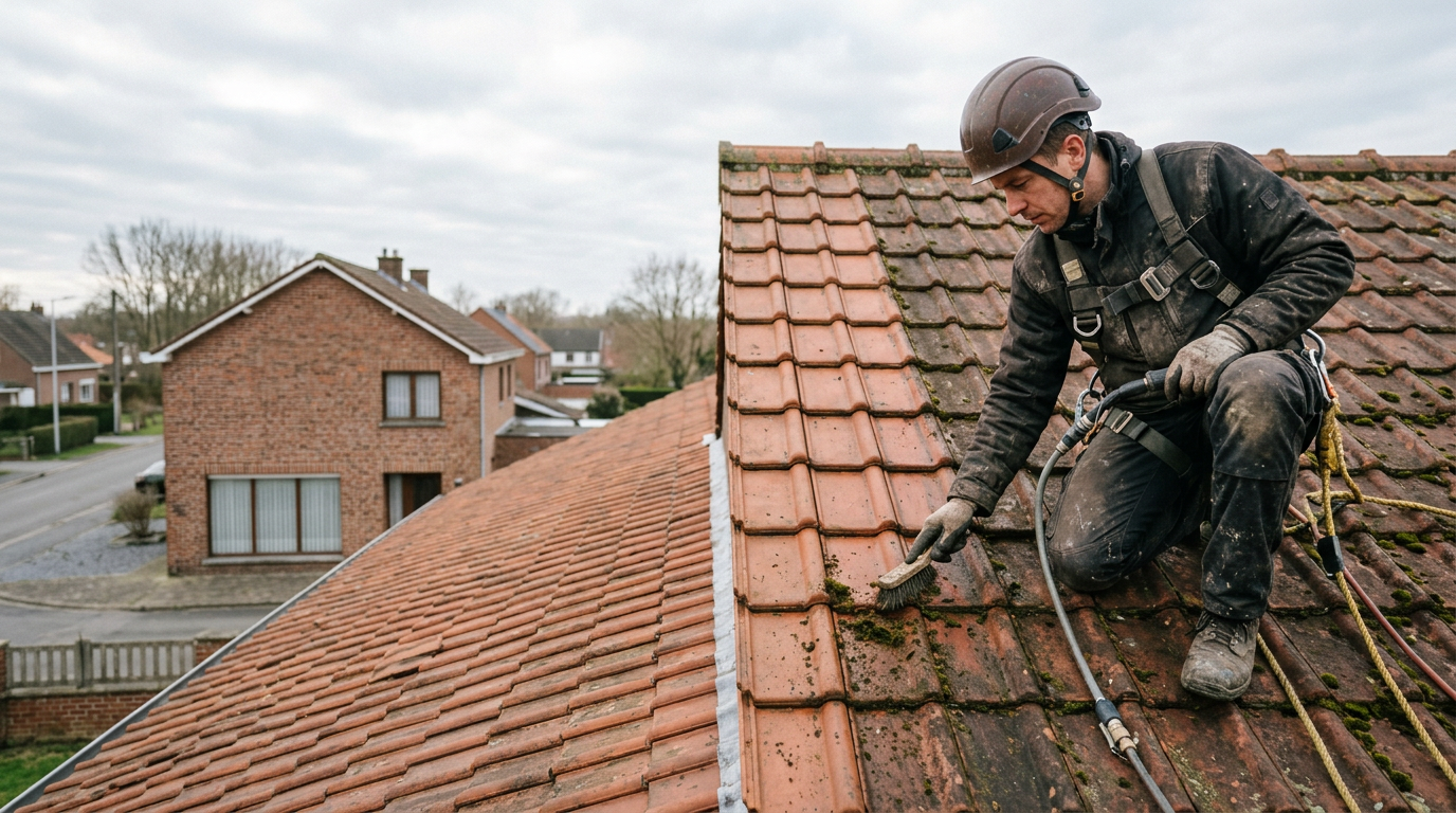 Couvreur agenouillé sur une toiture en tuiles, au travail près du faîtage